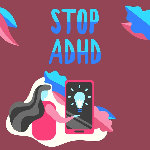 标志显示停止Adhd 。用于治疗影响儿童大脑和行为的障碍的词汇手机按屏幕显示未来派技术. — 图库照片