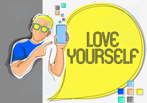 Légende du texte présentant Love Yourself. Concept Internet accepter l'aspect global de nous-mêmes et avoir le respect de soi Ligne Dessin pour Guy tenant téléphone Présentation de nouvelles idées avec bulle de parole. — Photo