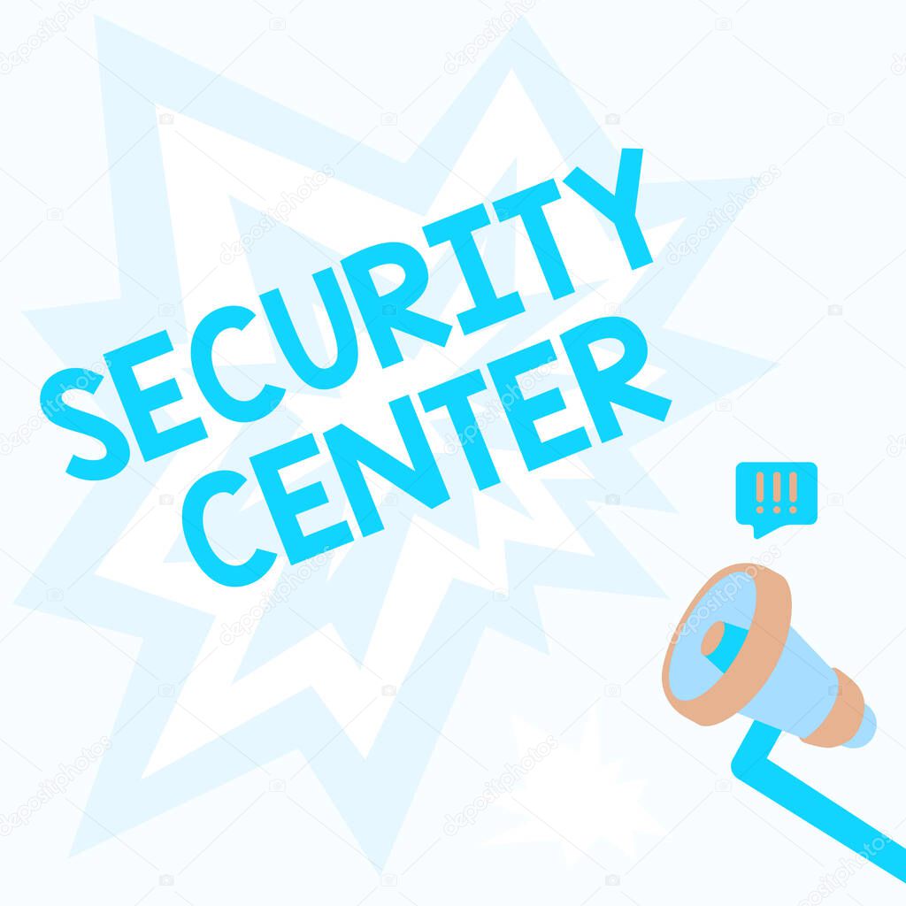 Text showing inspiration Security Center. Business showcase centralized unit that deals with security issues of company Megaphone Drawing With Lightning Wave Sound Making Loud Announcement.