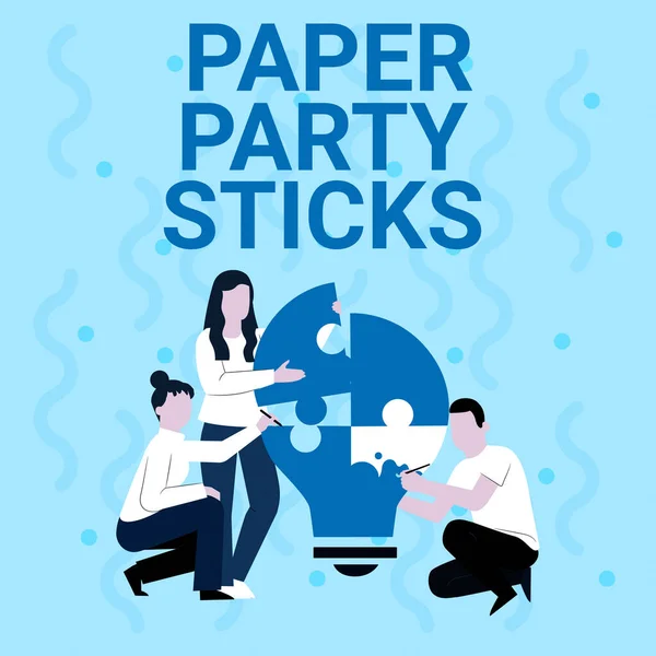 Texto que muestra inspiración Papel Party Sticks. Negocios escaparate de papel pintado duro en forma de utilizado para signos y emoji Empleado Dibujo Ayudándose mutuamente la construcción de la bombilla Jigsaw Puzzle. — Foto de Stock