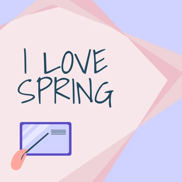 Text showing inspiration I Love Spring. Business showcase telling why having a strong affection to this season Card Drawing With Hand Pointing Stick At Small Details. — Stock Photo, Image