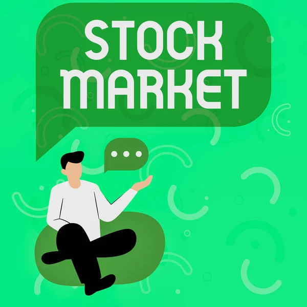 Inspiratie met bord Stock Market. Business overview forex trading for financial investment and economy trends Illustration Of Businessman Sitting On Soft Sofa Chair Talking. — Stockfoto