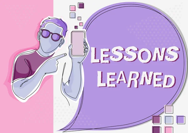 Writing displaying text Lessons Learned. Business approach experiences garnered from understanding the activity Line Drawing For Guy Holding Phone Presenting New Ideas With Speech Bubble. — Stock Photo, Image