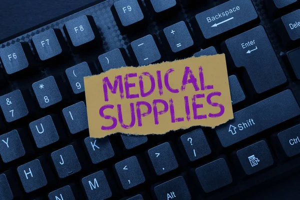 Sign displaying Medical Supplies. Word Written on Items necessary for treatment of illness or injury Creating New Online Cookbook, Typing And Sharing Cooking Recipes — Stock Photo, Image