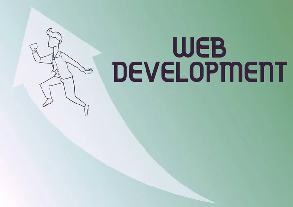 手写符号Web Development 。商业展示工作涉及开发一个网站，为网上的快乐商人与箭头一起奔跑得到了他的推广说明. — 图库照片