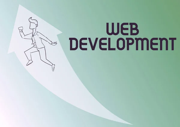 Ručně psané znamení Web Development. Podnikatelské showcase práce při vývoji webových stránek pro Internet Illustration Of Happy Businessman Running Up With Arrow Got His Promotion. — Stock fotografie