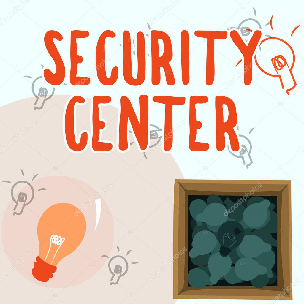 Sign displaying Security Center. Business overview centralized unit that deals with security issues of company Glowing Light Bulb Drawing In Box Displaying Fresh Discoveries.