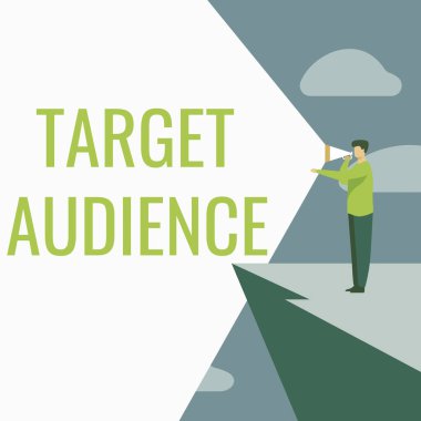 Kavramsal görüntü Hedef Seyircisi. Büyük olasılıkla ilgilenecek bir grup tüketici üzerine yazılmış bir kelime. Uçurumda Megafon Yapan İşadamı Çiziyor..