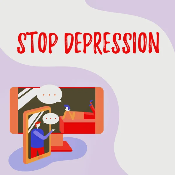 Teksten weergeven Stop Depressie. Conceptuele foto eindigen de gevoelens van ernstige moedeloosheid en neerslachtigheid Twee collega 's delen van gedachten met spraakbubbels opduiken uit telefoons — Stockfoto