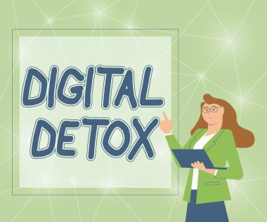 İlham veren dijital detoks metni. Elektronik ve dijital cihazların kullanımını yasaklayan iş kadını tasviri Dizüstü bilgisayarını elinde tutarak Fikirlerini sunuyor.