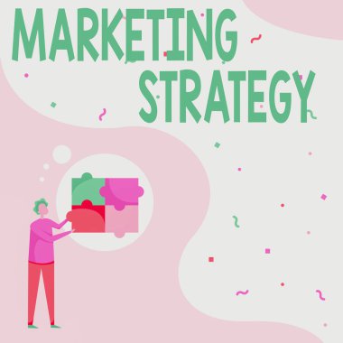 Pazarlama Stratejisini göster. Ürünü tanıtmak ve satmak için tasarlanan eylem planı için kelime Adam Çizim Dörtlü Yapboz Parçaları.