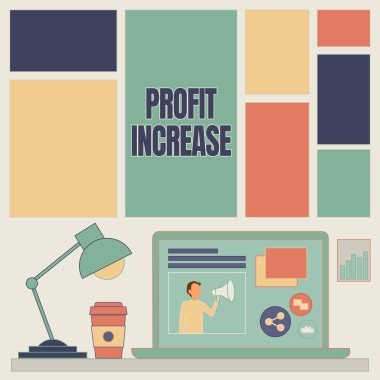 Profit Increase sunan metin başlığı. Kavram, iş dünyasından veya satış bilgisayarından elde edilen gelirin, kahve fincanı ve masa lambası üzerindeki büyüme ve çalışma sürecini gösterme anlamına gelir..