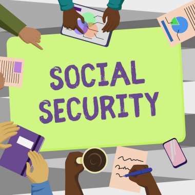 Sosyal Güvenlik sunan metin başlığı. İş dünyası hükümet sistemi, İş Arkadaşları Ofisi Toplantısı 'nın Geleceği Tartışan Kahve Projeleri Çizelgeleri' nin gösterilmesine maddi yardım sağlıyor..