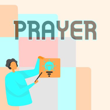 Kavramsal Ekran Duası. Tanrı 'ya teşekkür için resmi bir istek ya da ifade gerektiren kavramsal kavram. Elinde Ampulle Parlayan Kağıt Tutan Adam Çubuğu Gösterirken.