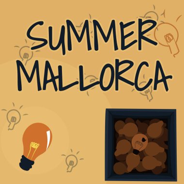 Summer Mallorca metni yazılıyor. Tatil sezonunu İspanya 'nın Balear adalarında geçirmek için Parlayan Ampul Kutuda Yeni Keşifler Göstererek Çiziyor.
