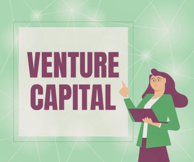 Metin başlığı Venture Capital 'i temsil ediyor. İşkadını İIlüzyonu 'nun mülkiyet unsuruna yatırım yapmak için iş yaklaşımı Dizüstü bilgisayarını elinde tutarak Fikirlerini sunuyor.