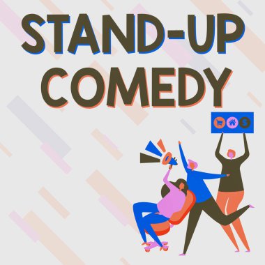 Stand-up Comedy 'i sunan metin başlığı. İş dünyası, bir komedyenin komik hikayeler okuduğu, Oturan Megafon Çizen Kadın 'ın Duyuru yaptığı bir komedi tarzını gözden geçirir..