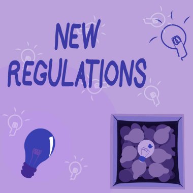 Kavramsal Başlık Yeni Yönetmelikler. Yeni Keşifleri Gösteren Kutuda Parlayan Ampul Çizimi 'ni kontrol etmek için hükümet veya otorite tarafından yapılan internet kavramı kuralları.