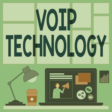 Voip Technology işaretini gösteren bir ilham. İnternet Kavramı, telefon görüşmeleri için İnternet 'i, Laptop' u kahve fincanı ve çalışma sürecini gösteren masa lambası üzerinde iletim aracı olarak kullanır..