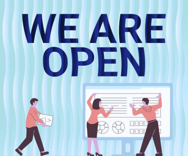 Kavramsal manşet Biz açığız. Hiçbir kapatma veya sınırlama engeli için sözcük, tüm taraflarda erişilebilir Meslektaşlar Tablo Çizim Grafiğinin yanında ayakta duran çizim grafiği