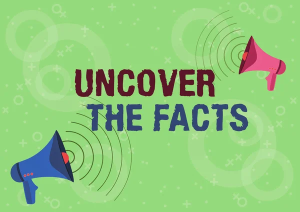 Text sign showing Uncover The Facts. Business overview Find the truth and evidence investigate to reveal the hidden identity Pair Of Megaphones Drawing Producing Sound Waves Making Announcement. — Stock Photo, Image