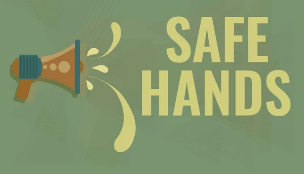 Inspiráció mutatja a "Biztonságos kezek" jelet. Üzleti koncepció A kéz sterilitásának és tisztaságának biztosítása a fertőtlenítéshez Megafon illusztrációja Vízcseppek kidobása bejelentést téve. — Stock Fotó