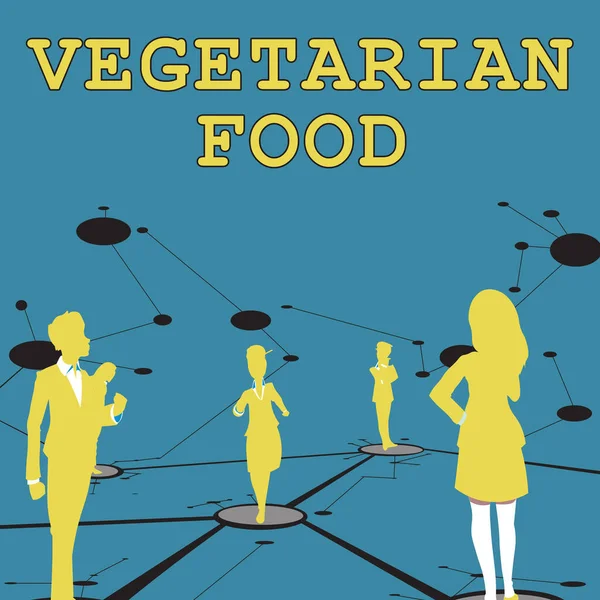 Teken met Vegetarisch eten. Internet Concept verwijst naar de keuken die voldoet aan een veganistisch s is voorwaarden Verschillende Team Leden Staande Afzonderlijke Denken Verbonden Lijnen Op Verdieping. — Stockfoto