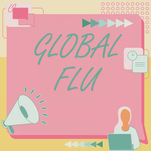 手書きテキスト｜Global Flu。世界中に広がるコミュニケーション可能な病気について書かれた言葉｜女性の絵を描くことはメガホンの隣で働く新しい発表をする — ストック写真