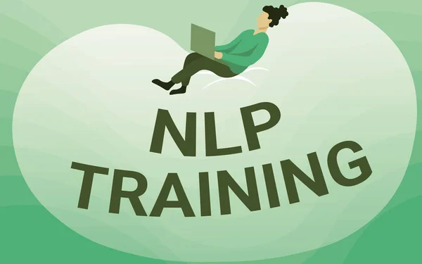 Teken het weergeven van NIP Training. Zakelijke showcase woorden hebben power approach omvat seminar, coaching, training en advies Lady Drawing Sitting Back On A Large Bean Bag Using Laptop. — Stockfoto