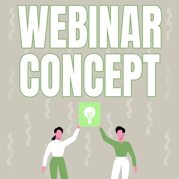 Kézírás jel Webinar Concept. Internet Concept workshop vagy szeminárium, hogy továbbítják a weben két kolléga Holding Lamp bemutató új teljesítmény elérte. — Stock Fotó