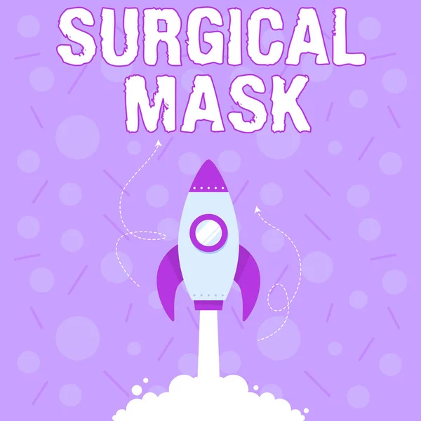 Text bildtext som presenterar Surgical Mask. Affärsidé bärs av vårdpersonal under operation och under omvårdnad Illustration av Rocket Ship lanserar Fast Rakt upp till yttre rymden. — Stockfoto