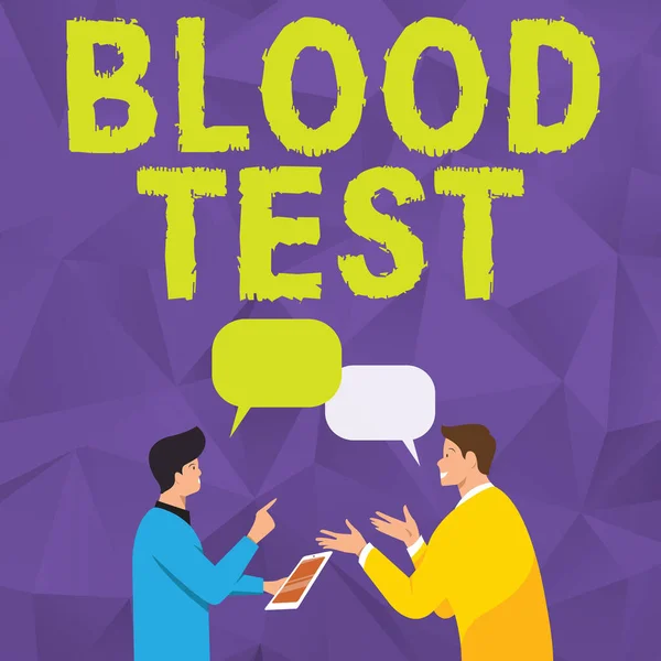 Teksten met bloedtest. Business showcase Extracted blood sample from an organizm to perfom a laboratory analysis Two Men Colleagues Standing Sharing Thoughts Together With Speech Bubbles — Stockfoto