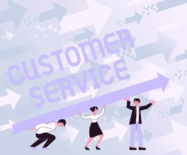 Hand writing sign Customer Service. Conceptual photo direct interaction with the consumers offering support Four Colleagues Drawing Standing Holding Large Arrow For Success. — Stock Photo, Image