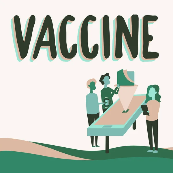 Inspiration visar tecken Vaccin. Ord för beredning av avlivade mikroorganismer eller levande försvagade organismer Kollegor Ritning Stående bredvid tabell Projektionsdiagram Diagram. — Stockfoto