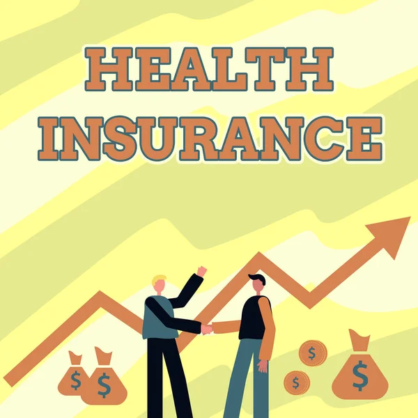 概念表示健康保険。保険者の医療費を融資するための概念的な写真システム成長とお金のバッグのための金融矢印で握手立って2人の男性. — ストック写真
