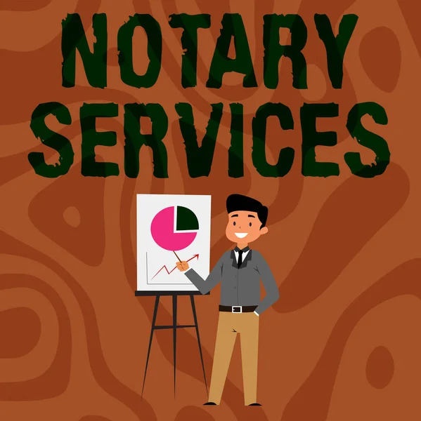Handwriting text Notary Services. Internet Concept services rendered by a state commissioned notary public Businessman Wearing Casual Standing Presenting Charts And Ideas. — Stock Photo, Image