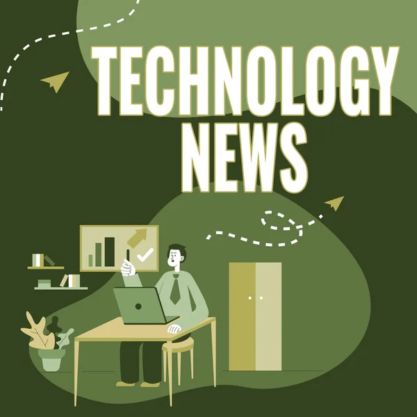 Podpis tekstowy prezentujący Technology News. Przegląd biznesowy nowo otrzymane lub godne uwagi informacje na temat technologii Człowiek siedzi na biurku Praca i prezentowanie nowych technologii. — Zdjęcie stockowe