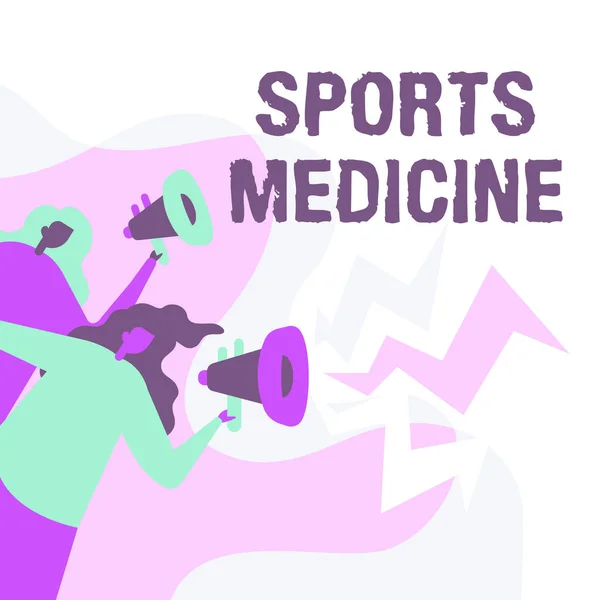 Cartello che mostra Medicina dello Sport. Approccio commerciale trattamento e prevenzione delle lesioni legate allo sport Donne disegno Holding Megafoni Fare annuncio al pubblico. — Foto Stock