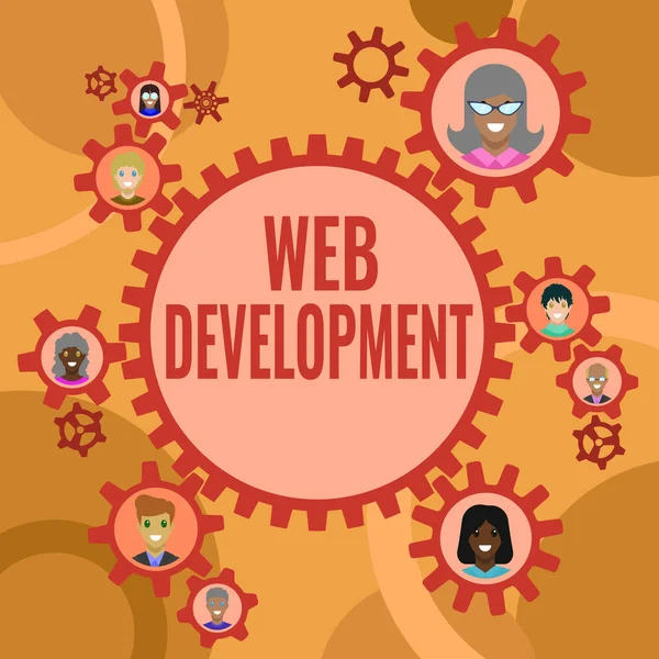 概念表示Web開発。Cogwheel内で発表されたイントラネットの同僚を介してホストするためのウェブサイトを開発するためのビジネスアプローチチームワークの定義を示す — ストック写真