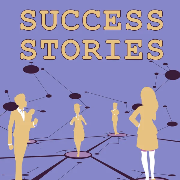 Text sign showing Success Stories. Conceptual photo a chronicle displaying great success achieved by a person Several Team Members Standing Separate Thinking Connected Lines On Floor. — Stock Photo, Image