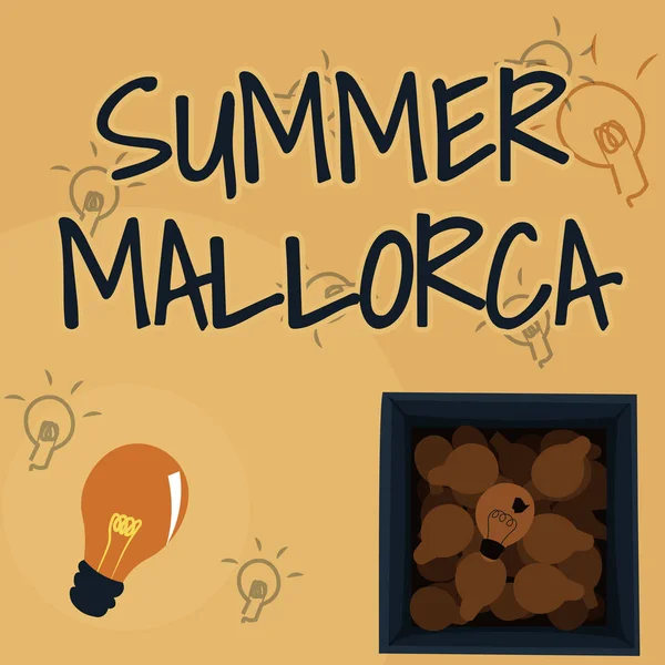 Εγγραφή εμφάνισης κειμένου Summer Mallorca. Word for Spending the holiday season in the Balearic islands of Spain Φωτεινός Λαμπτήρας Σχέδιο Σε Κουτί Εμφάνιση Φρέσκων Ανακαλύψεων. — Φωτογραφία Αρχείου