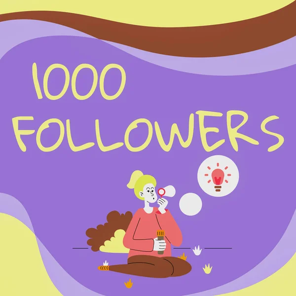 Inspiration showing sign 1000 Followers. Business overview number of individuals who follows someone in Instagram Lady Sitting In Park Blowing Balloons Thinking Of New Thoughts With Idea Lamp.