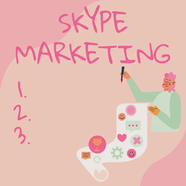 Inspiráció, amely a Skype Marketing jeleit mutatja. Internet Concept alkalmazások, amelyek arra specializálódtak, hogy video chat és hang Lady bemutató papír Mutató neki Teljesítmények Célok Projekt ötletek. — Stock Fotó