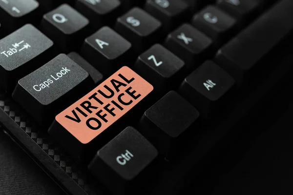 Conceptueel bijschrift Virtual Office. Woord voor operationeel domein van een bedrijf of organisatie virtueel creëren van Business Data Storage, Typing Budget en uitgaven Record — Stockfoto