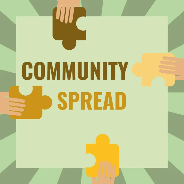 Conceptuele bijschrift Community Spread. Zakelijke aanpak verspreiding van een zeer besmettelijke ziekte in het lokale gebied Illustratie van handen vasthouden Puzzelstukjes Elke kant van de doos. — Stockfoto