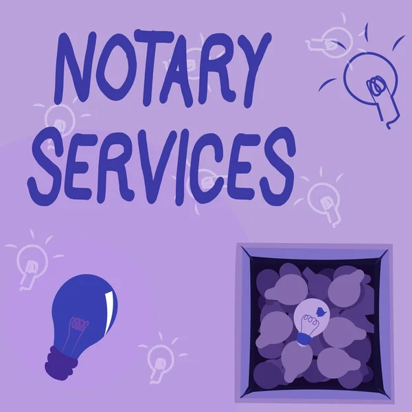 Inspiratie met uithangbord Notaris. Woord voor diensten verleend door een door de staat aangestelde notaris Gloeilamp Drawing In Box Displaying Fresh Discoveries. — Stockfoto