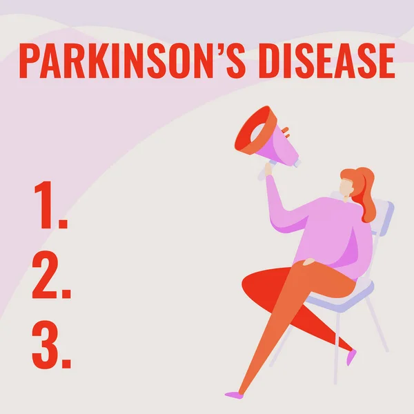 Εγγραφείτε εμφανίζει Parkinsons ασθένεια. Word Γράφτηκε για χρόνια προοδευτική νευρολογική νόσο της μετέπειτα ζωής γυναίκα σχέδιο κρατώντας Megaphone κάθεται σε μια καρέκλα σταυρωμένα πόδια. — Φωτογραφία Αρχείου