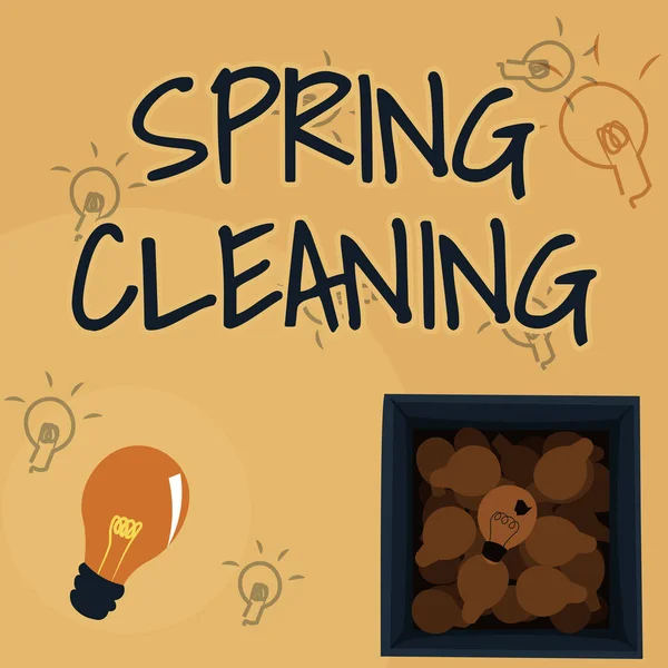 Conceptuele bijschrift Spring Cleaning. Woord voor grondige reiniging van een huis of kamer tijdens de lente Gloeilamp Drawing In Box Displaying Fresh Discoveries. — Stockfoto