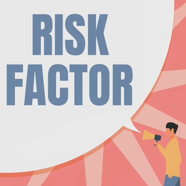 Text caption presenting Risk Factor. Word Written on Characteristic that may increase the percentage of acquiring a disease Man Drawing Hand In Pocket Holding Megaphone With Large Speech Bubble. — Stock Photo, Image