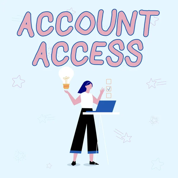 Inspiration showing sign Account Access. Business idea full privilege for the owners to manage their personal data Illustration Of Girl Using Laptop Having Ideas And Making Checklist. — Stock Photo, Image